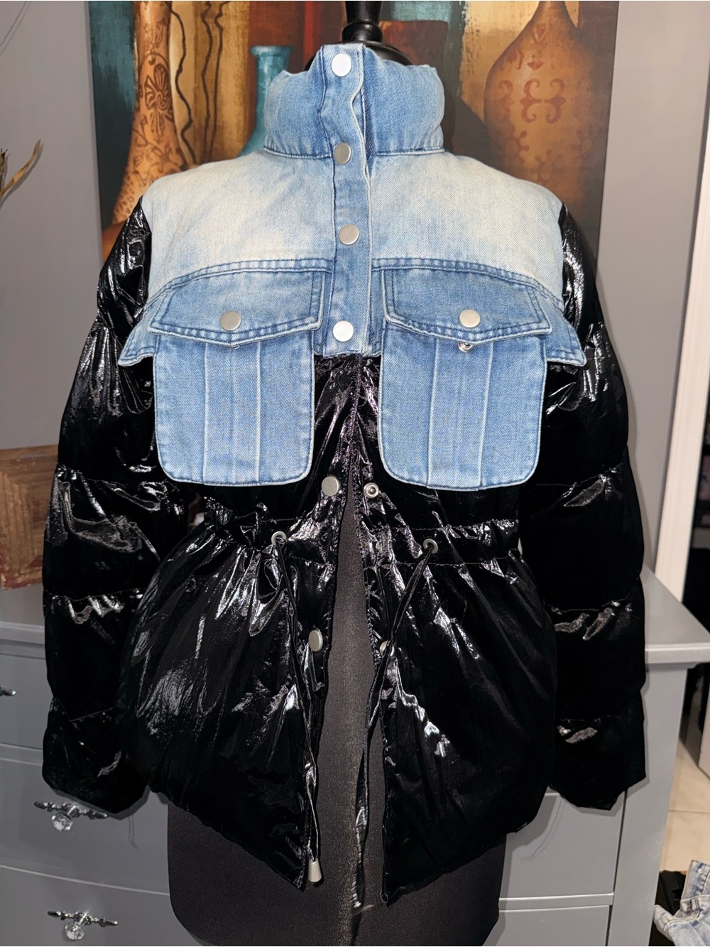Black Patent Puffer Jacket with Denim Yoke